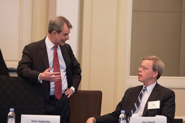 JIm Talent and John Belligner speaking at a break session during Clade X on May 15, 2018 held in Washington, DC.