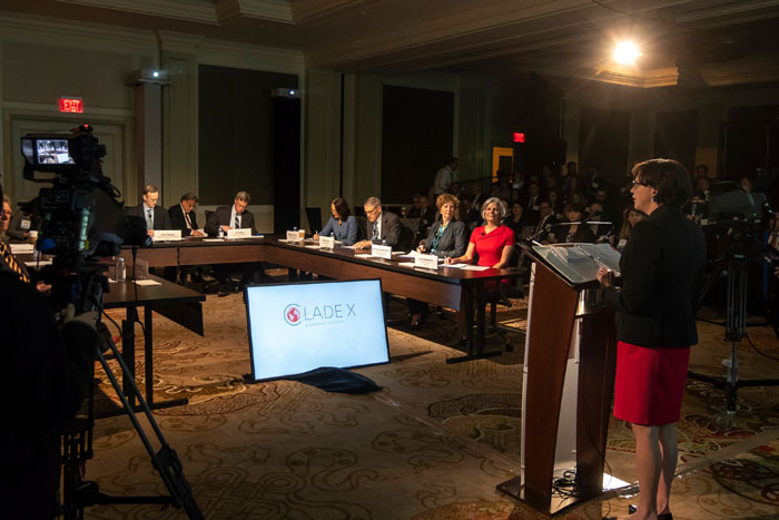 Anita Cicero, JD, speaking at Clade X on May 15, 2018 in Washington, DC.
