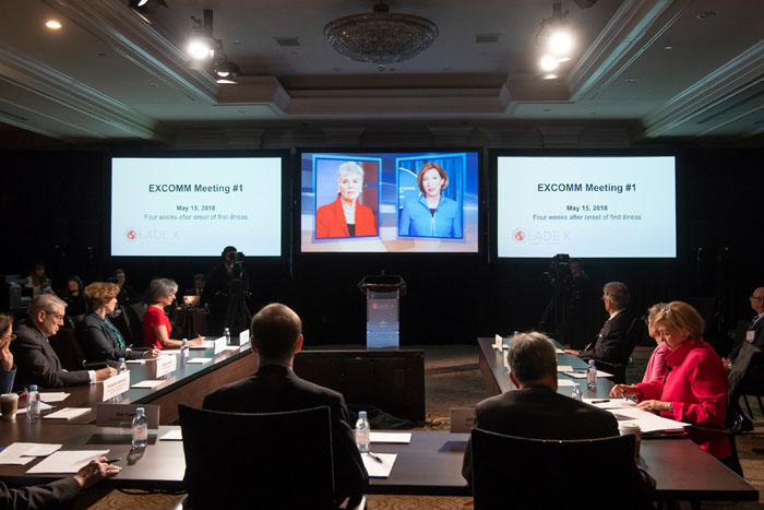 An image of the players watching a video at Clade X on May 15, 2018 in Washington, DC.