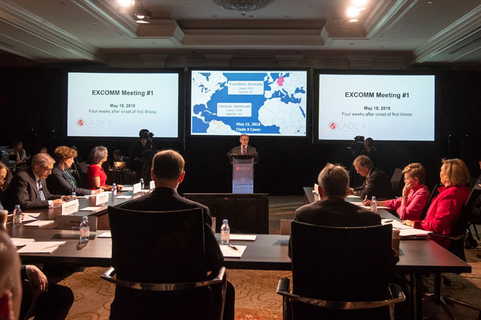 The players receiving a news brief a video at Clade X on May 15, 2018 in Washington, DC.