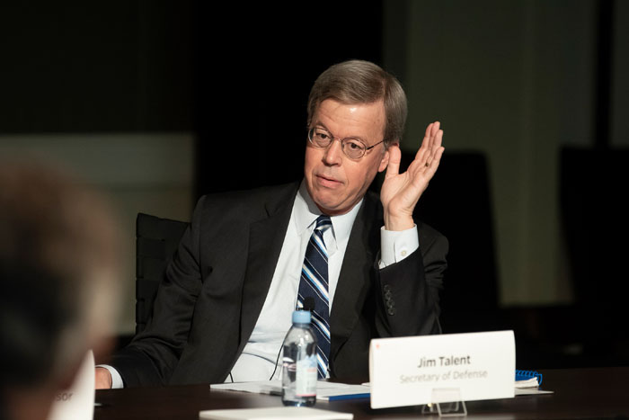 Secretary of Defense, played by Jim Talent, speaking at Clade X on May 15, 2018 in Washington, DC.