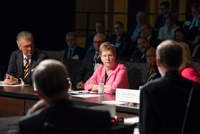 Tara O'toole speaking at Clade X on May 15, 2018 in Washington, DC.