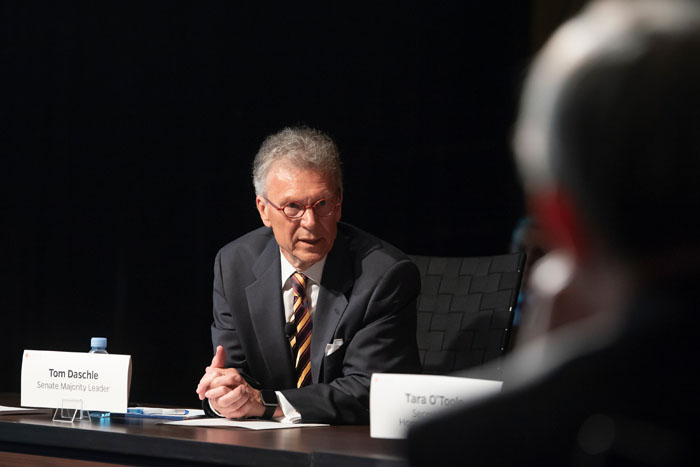 Senate Majority Leader, played by Tom Daschle, speaking at Clade X on May 15, 2018 in Washington, DC.