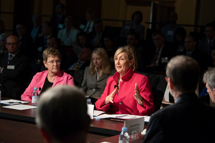 Attorney General, played by Jamie Gorelick, speaking at Clade X on May 15, 2018 in Washington, DC.