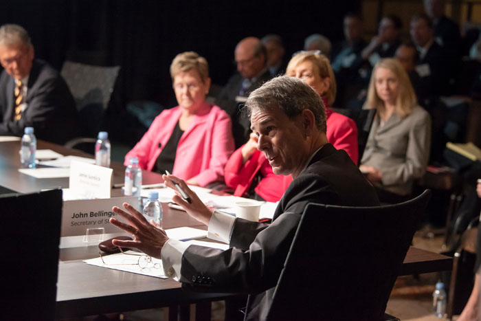 Secretary of State, played by John Bellinger, speaking at Clade X on May 15, 2018 in Washington, DC.