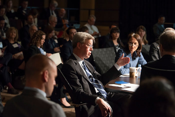 Secretary of Defense, played by Jim Talent, speaking at Clade X on May 15, 2018 in Washington, DC.