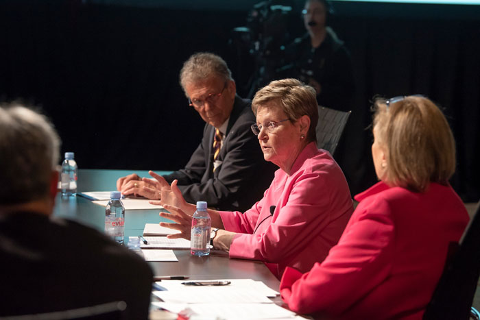 Secretary of Homeland Security, played by Tara O'Toole, speaking at Clade X on May 15, 2018 in Washington, DC.