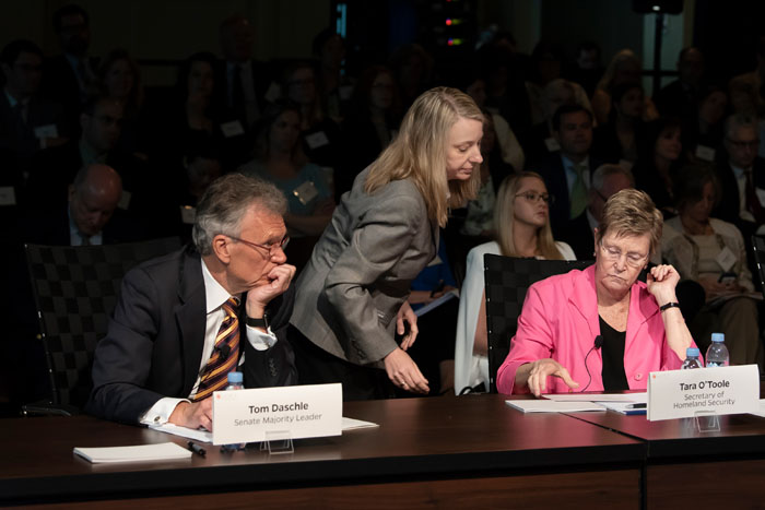Secretary of Homeland Security, played by Tara O'Toole, recives information at Clade X on May 15, 2018 in Washington, DC.