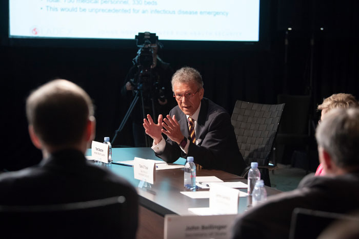 Senate Majority Leader, played by Tom Daschle, speaking at Clade X on May 15, 2018 in Washington, DC.
