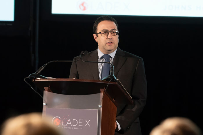 Matthew Watson speaking at Clade X on May 15, 2018 in Washington, DC.