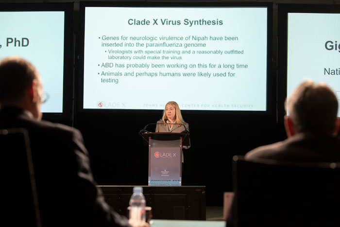 Gigi Kwik Gronvall, PhD, speaking at Clade X on May 15, 2018 in Washington, DC.
