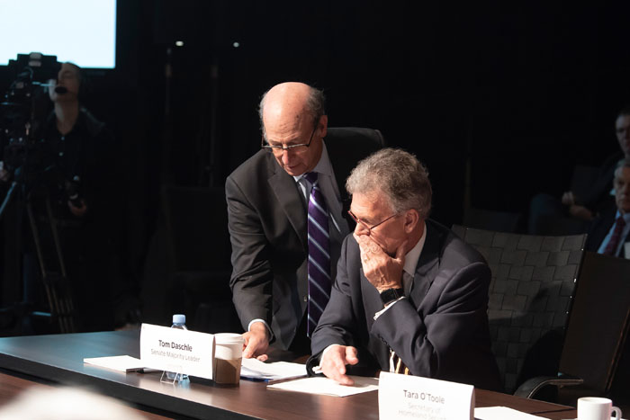Senate Majority Leader, played by Tom Daschle, receives information at Clade X on May 15, 2018 in Washington, DC.