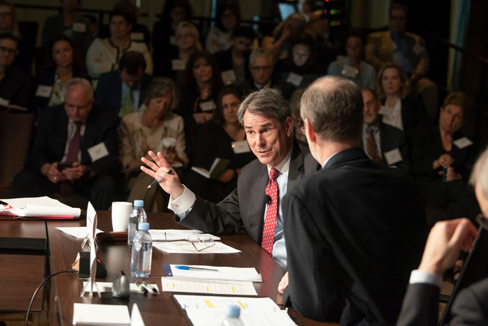 Secretary of State, played by John Bellinger, speaking at Clade X on May 15, 2018 in Washington, DC.