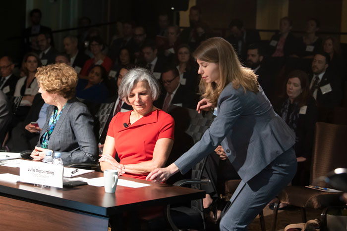 CDC Director, played by Julie Gerberding, recieves information at Clade X on May 15, 2018 in Washington, DC.