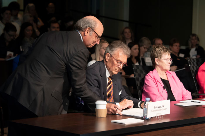 Senate Majority Leader, played by Tom Daschle, receives information at Clade X on May 15, 2018 in Washington, DC.