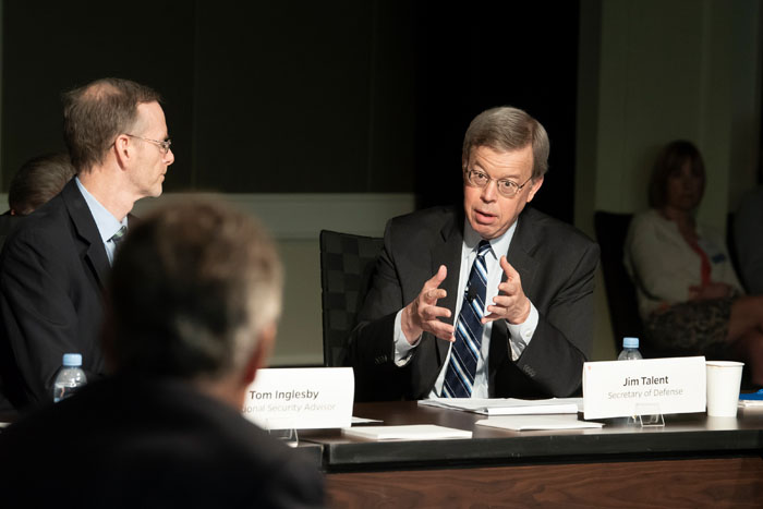 Secretary of Defense, played by Jim Talent, speaking at Clade X on May 15, 2018 in Washington, DC.