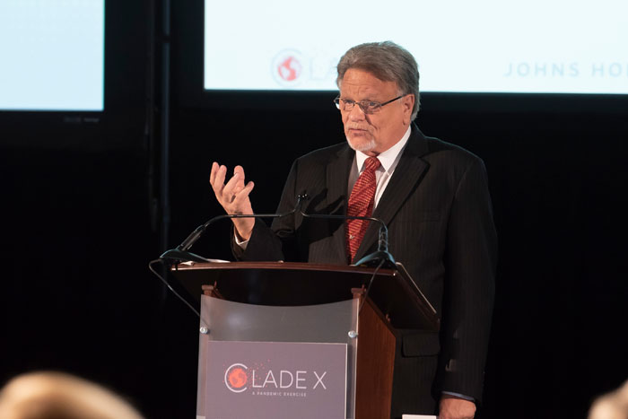 Colonel Randy Larsen, USAF (Retired), speaking at Clade X on May 15, 2018 in Washington, DC.