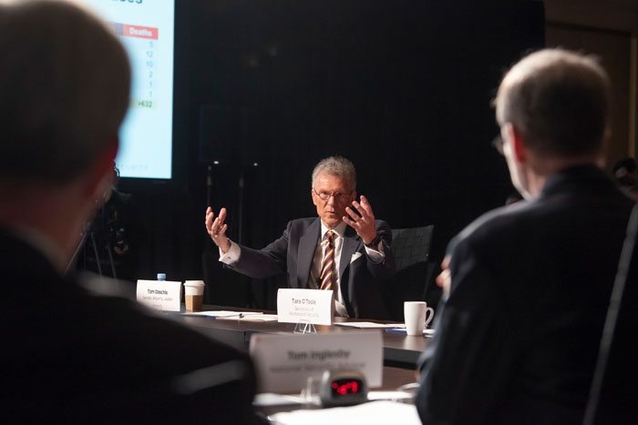 Senate Majority Leader, played by Tom Daschle, receives information at Clade X on May 15, 2018 in Washington, DC.