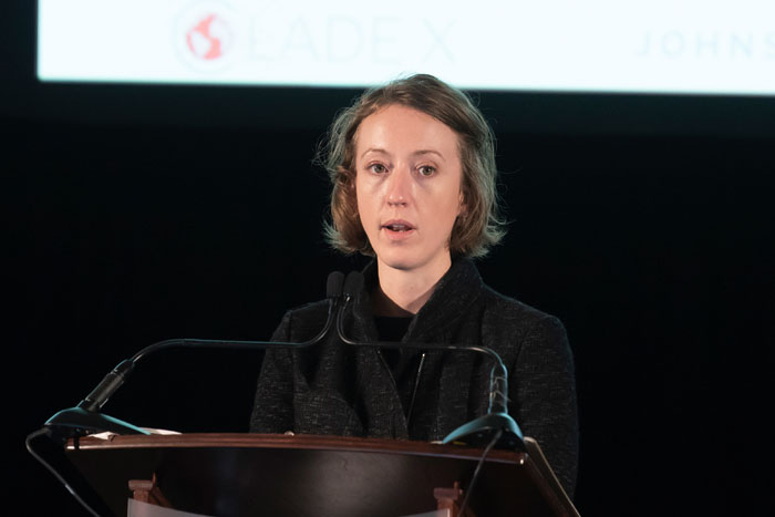 Caitlin River, PhD, MPH, speaking at Clade X on May 15, 2018 in Washington, DC.