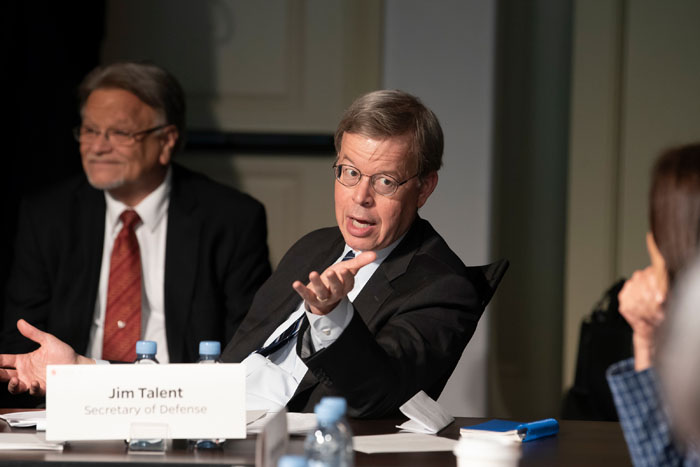 Secretary of Defense, played by Jim Talent, speaking at Clade X on May 15, 2018 in Washington, DC.