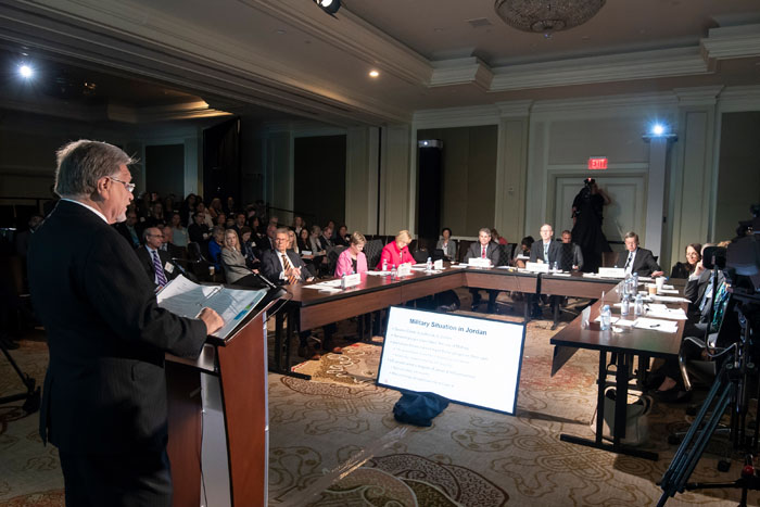 Colonel Randy Larsen, USAF (Retired), speaking at Clade X on May 15, 2018 in Washington, DC.