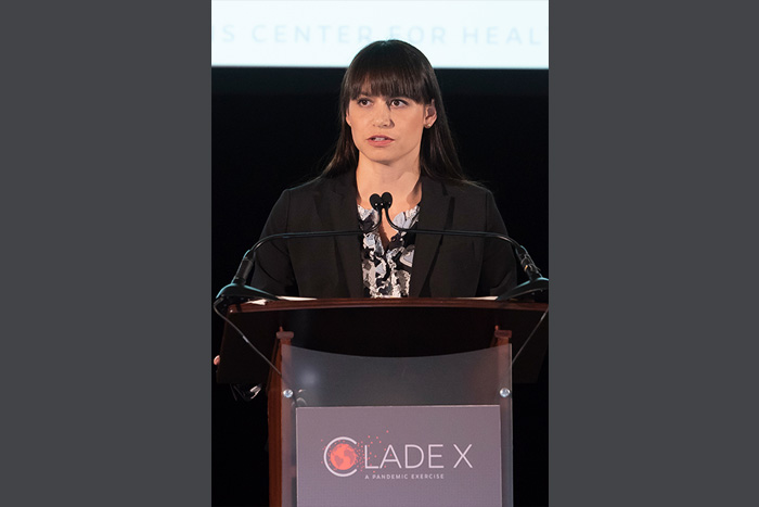 Tara Kirk Sell, PhD, MA, speaking at Clade X on May 15, 2018 in Washington, DC.
