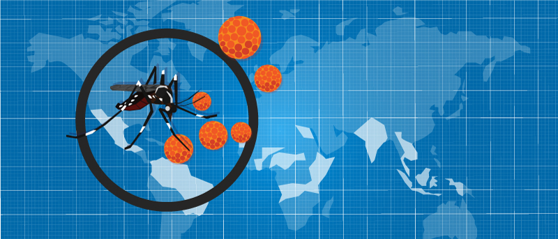Illustrations of Zika virus over a map