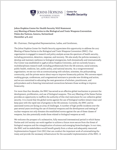 JHCHS 2017 BWC NGO statement